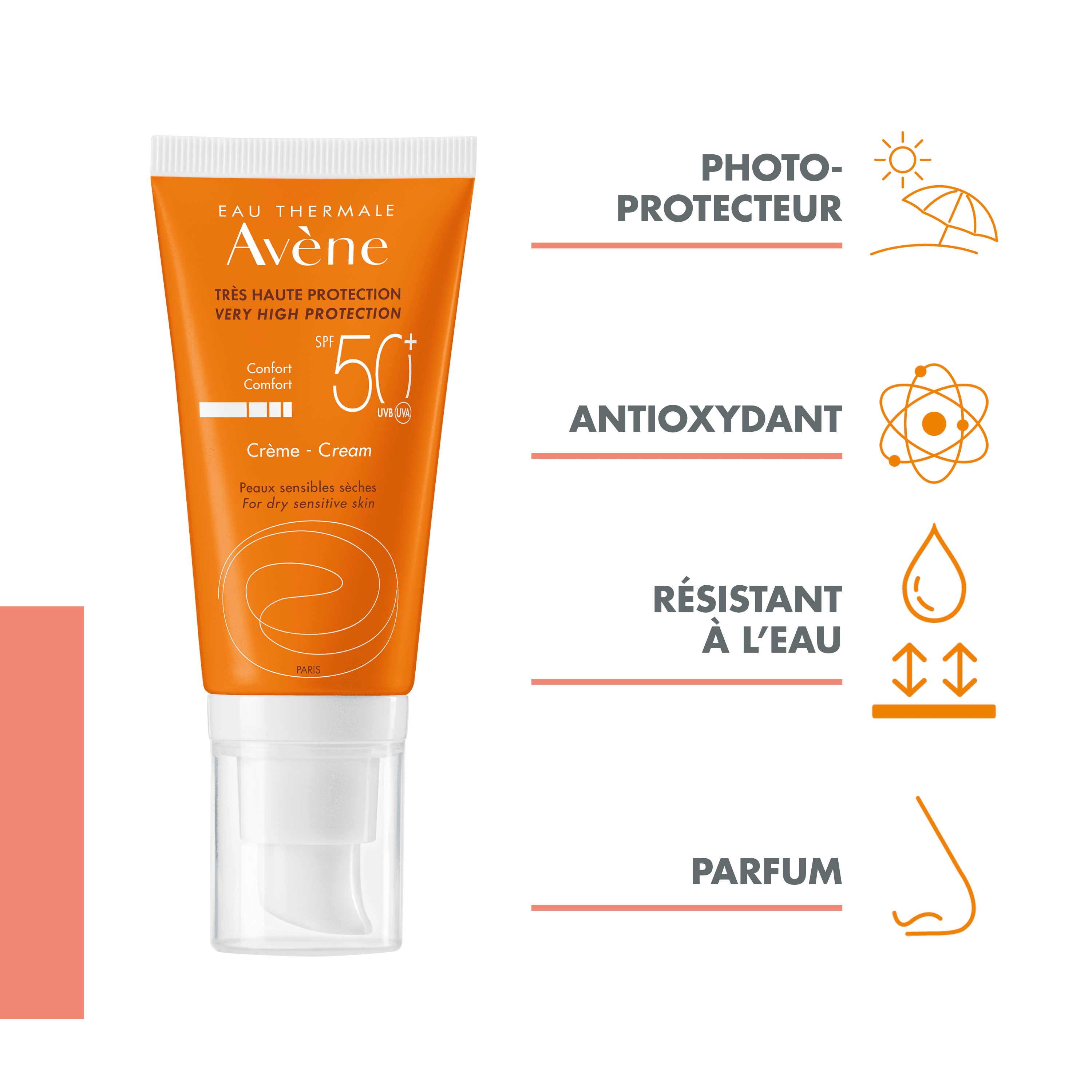 Une très haute protection solaire SPF50+ pour la peau sèche et sensible du visage intégrant le TriAsorB ™, filtre solaire breveté pour sa protection ultra-large spectre.