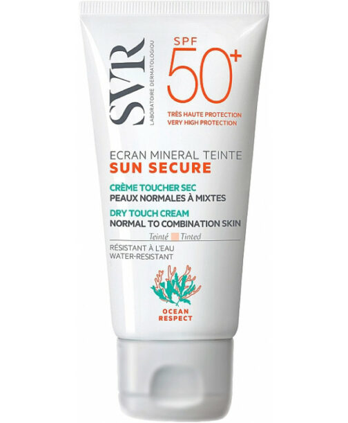 Écran Minéral Teinté SPF50+ SUN SECURE Écran Minéral Teinté allie très haute protection SPF50+ 100% minérale et maquillage. Une teinte universelle déclinée en 2 textures : crème toucher sec peaux normales à mixtes et crème confort peaux sèches à très sèches