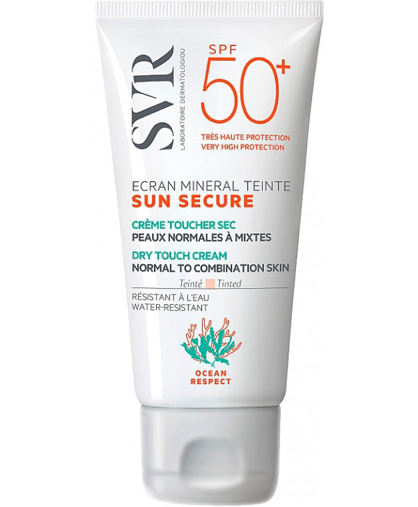 Écran Minéral Teinté SPF50+ SUN SECURE Écran Minéral Teinté allie très haute protection SPF50+ 100% minérale et maquillage. Une teinte universelle déclinée en 2 textures : crème toucher sec peaux normales à mixtes et crème confort peaux sèches à très sèches